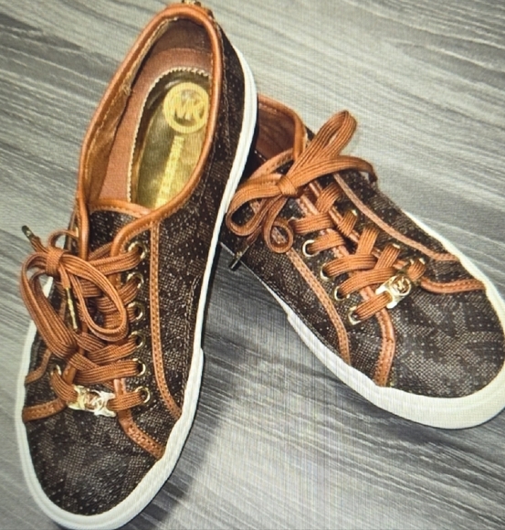 Michael Kors Shoes - Michael Kor's Monogrammed Brown Sneakers W/ Gold Inside & MK Charm Luxury Sz 8